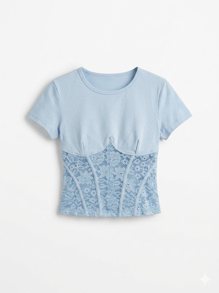 T-shirt Celeste con Corsetto in Pizzo