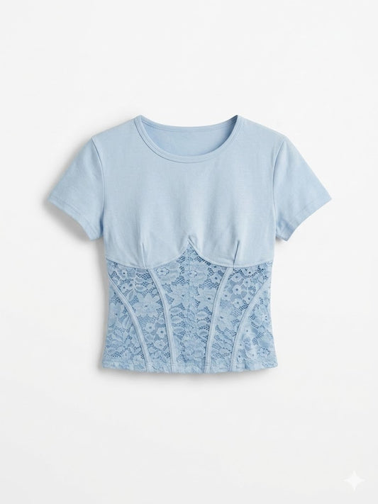 T-shirt Celeste con Corsetto in Pizzo