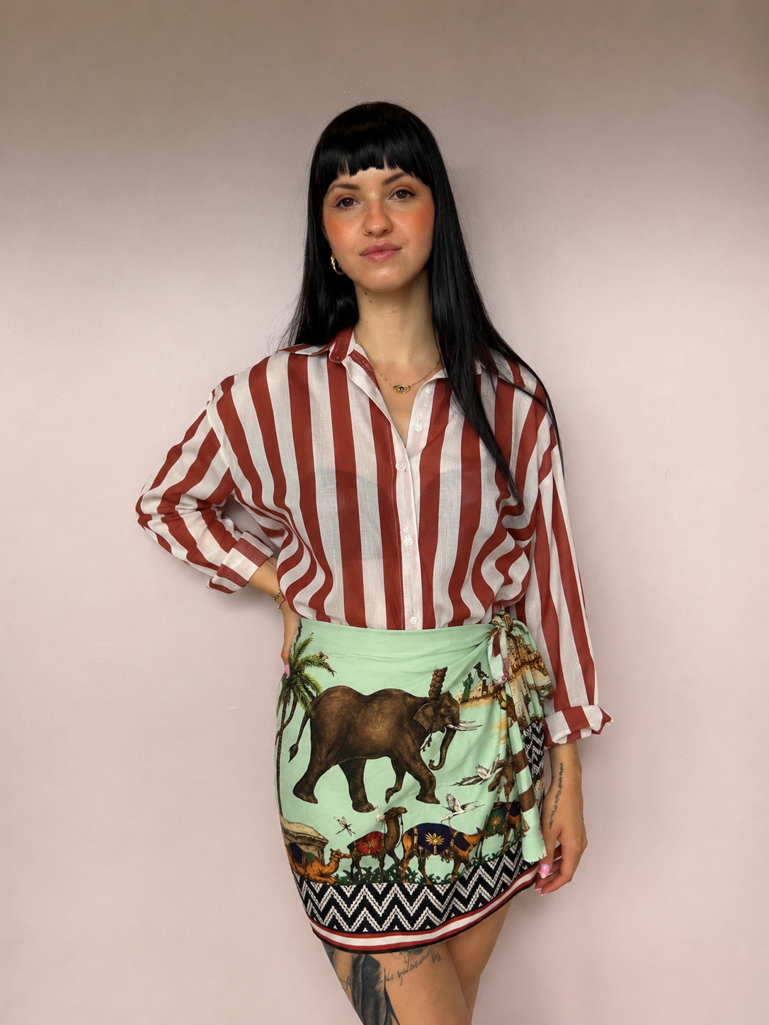 Camicia a Righe in Mussola di Cotone Tabacco e Bianca