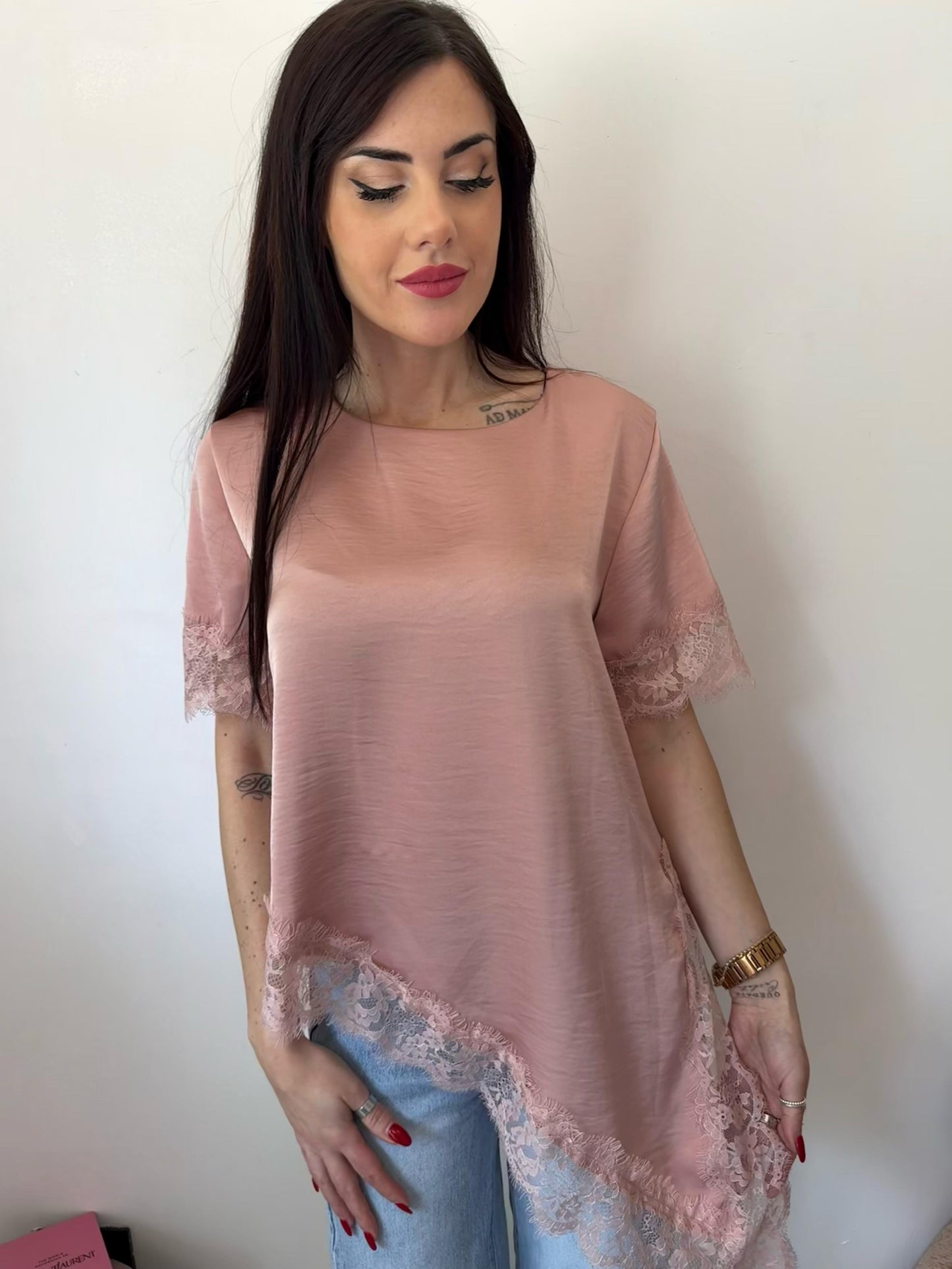 Blusa Satin Rosa con pizzo