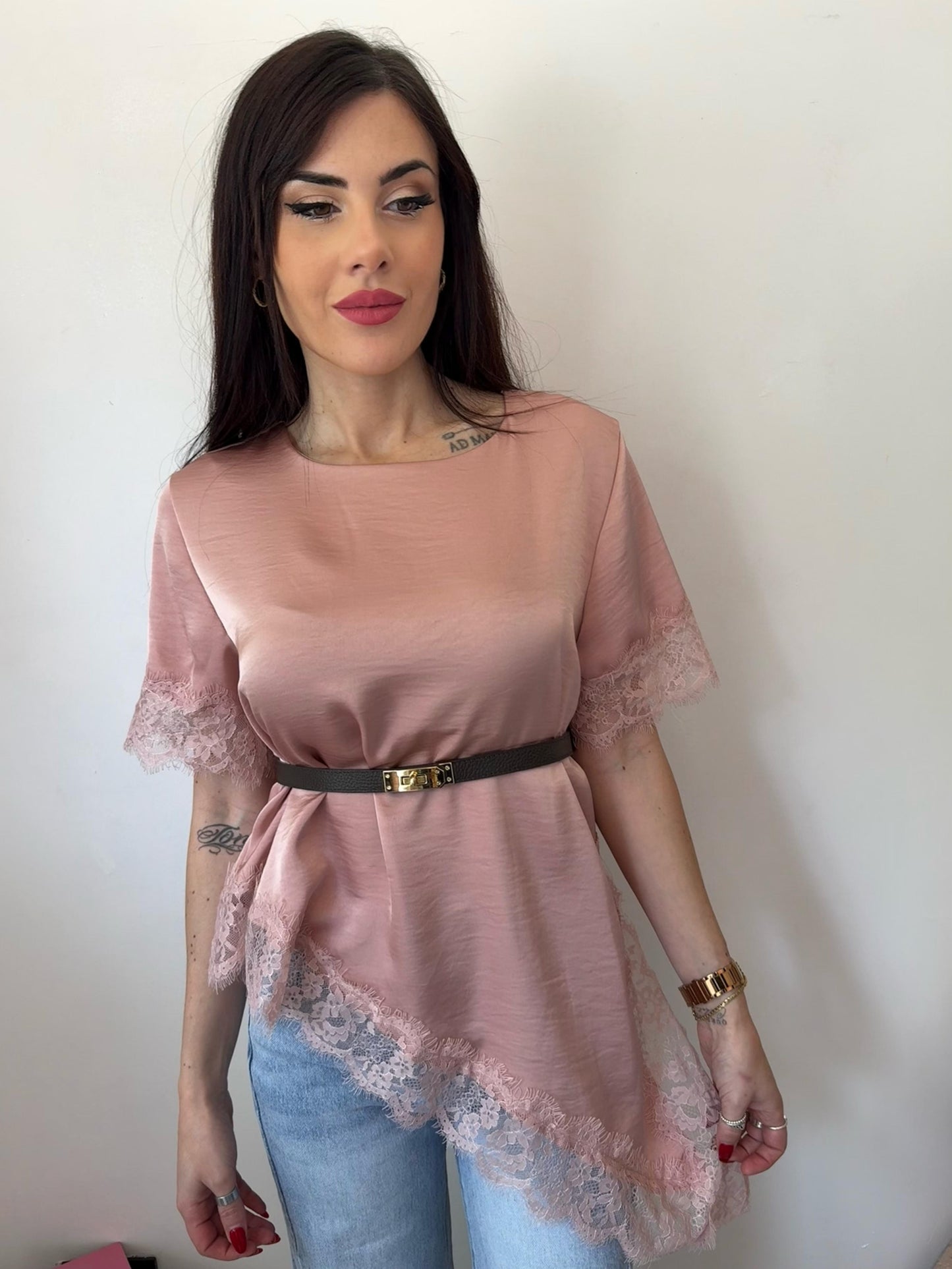 Blusa Satin Rosa con pizzo