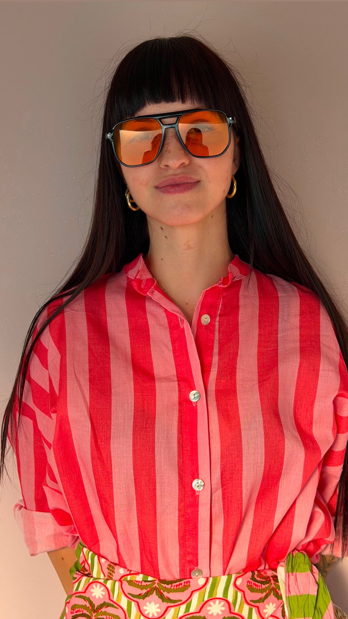 Camicia in Mussola di Cotone a Righe Verticali Rosa e Corallo