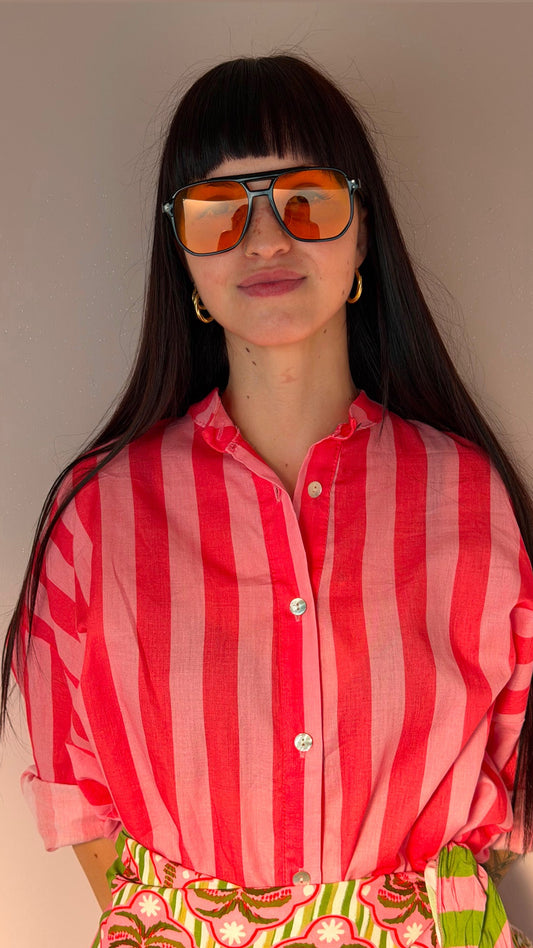 Camicia in Mussola di Cotone a Righe Verticali Rosa e Corallo
