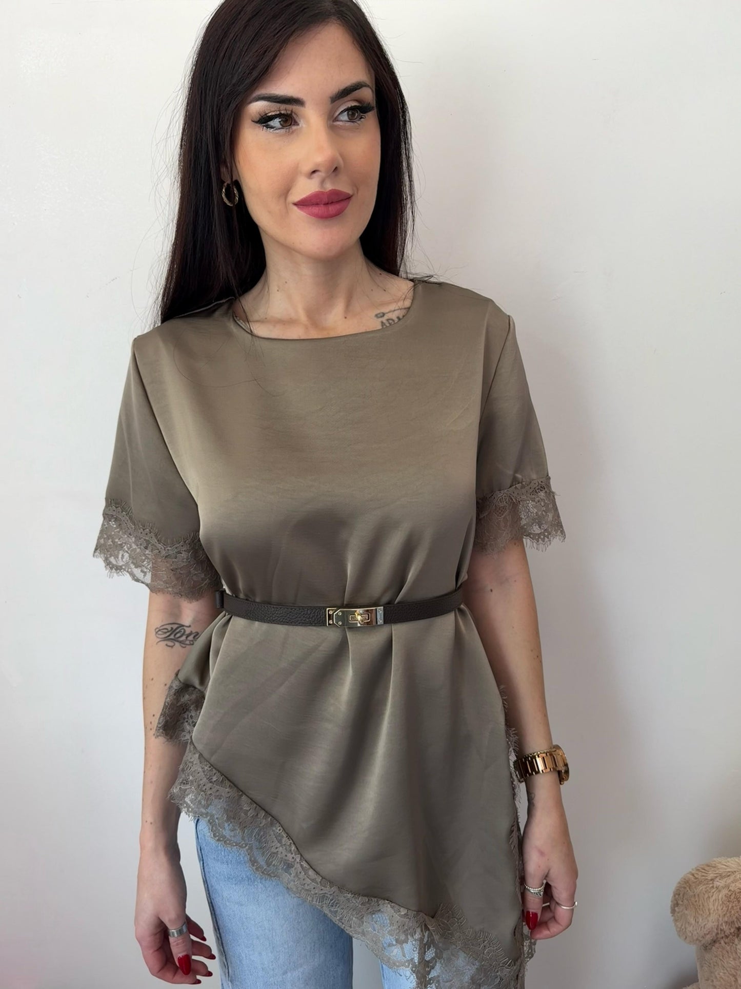 Blusa Satin Tortora con Pizzo