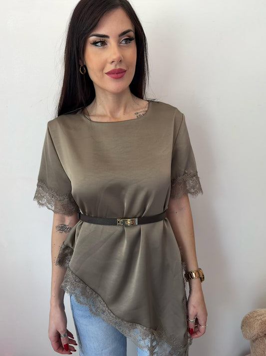 Blusa Satin Tortora con Pizzo