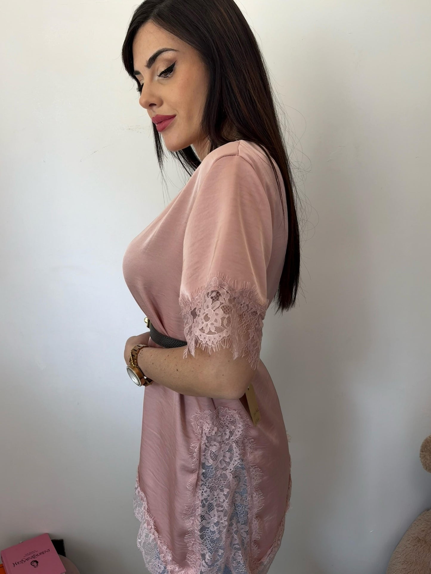 Blusa Satin Rosa con pizzo