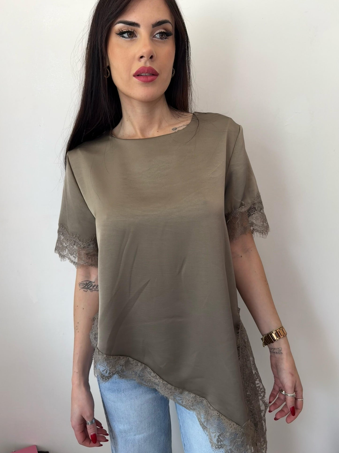 Blusa Satin Tortora con Pizzo