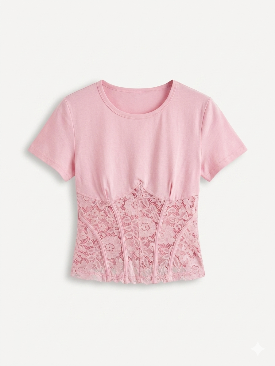 T-shirt rosa con Corsetto in Pizzo