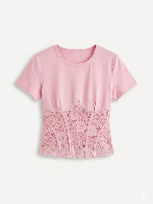 T-shirt rosa con Corsetto in Pizzo