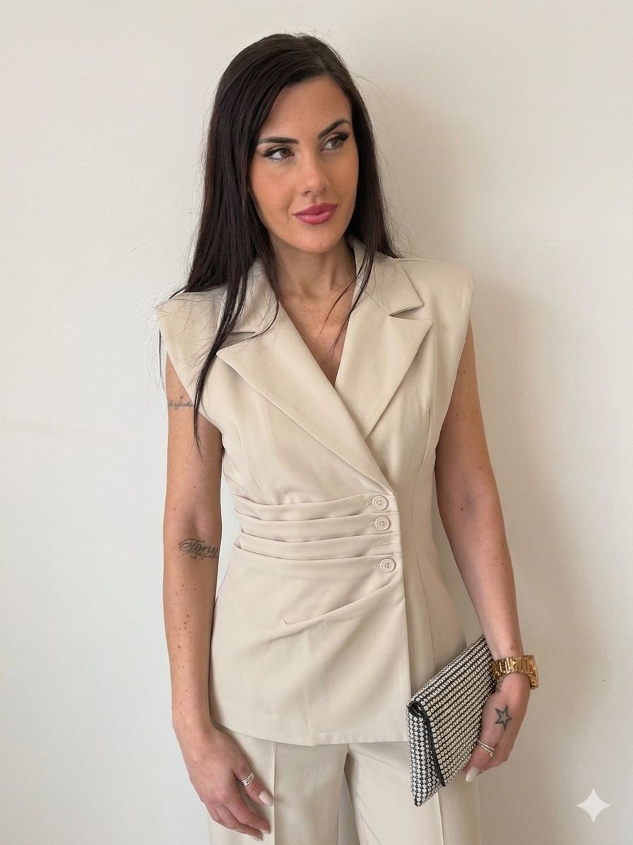 Completo Elegante Gilet + Pantalone Palazzo Beige