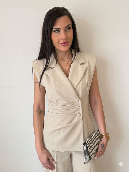 Completo Elegante Gilet + Pantalone Palazzo Beige