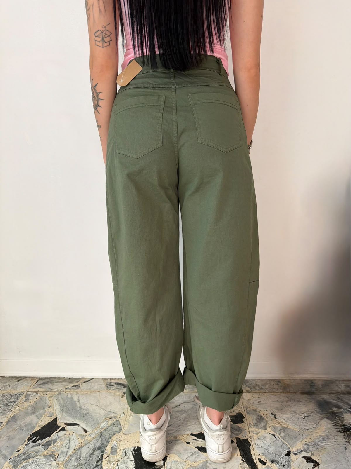 Jeans Ballon a vita Alta Verde Oliva