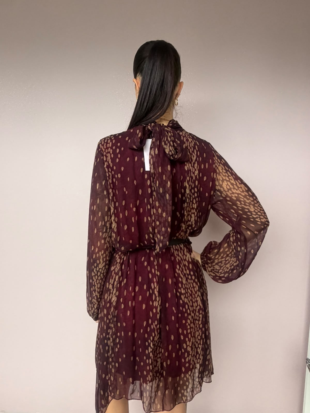 Abito Corto in Chiffon Bordeaux e Beige con Collo Alto