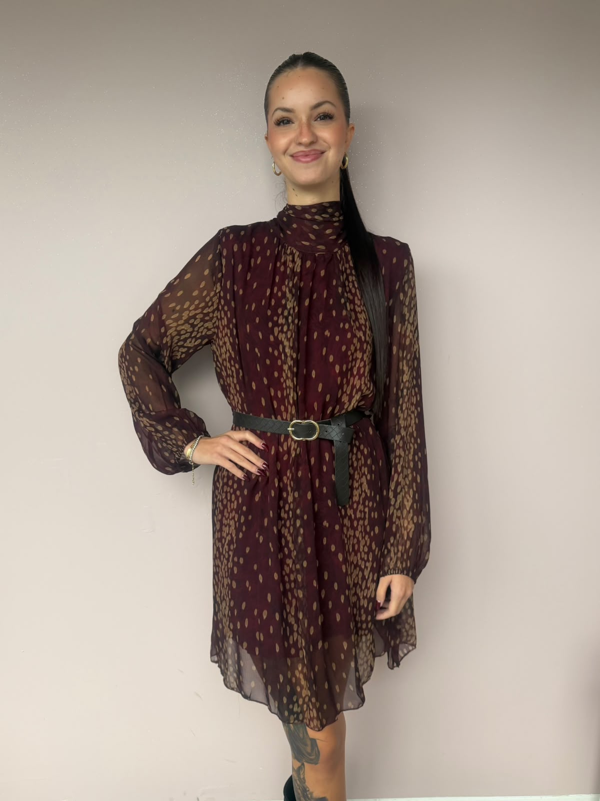 Abito Corto in Chiffon Bordeaux e Beige con Collo Alto