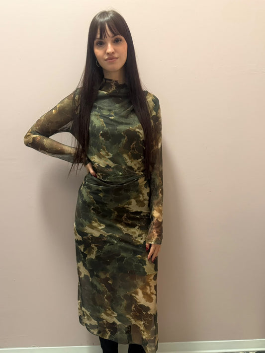 Abito Midi in Tulle Stretch con Stampa Astratta verde | Dress Lab